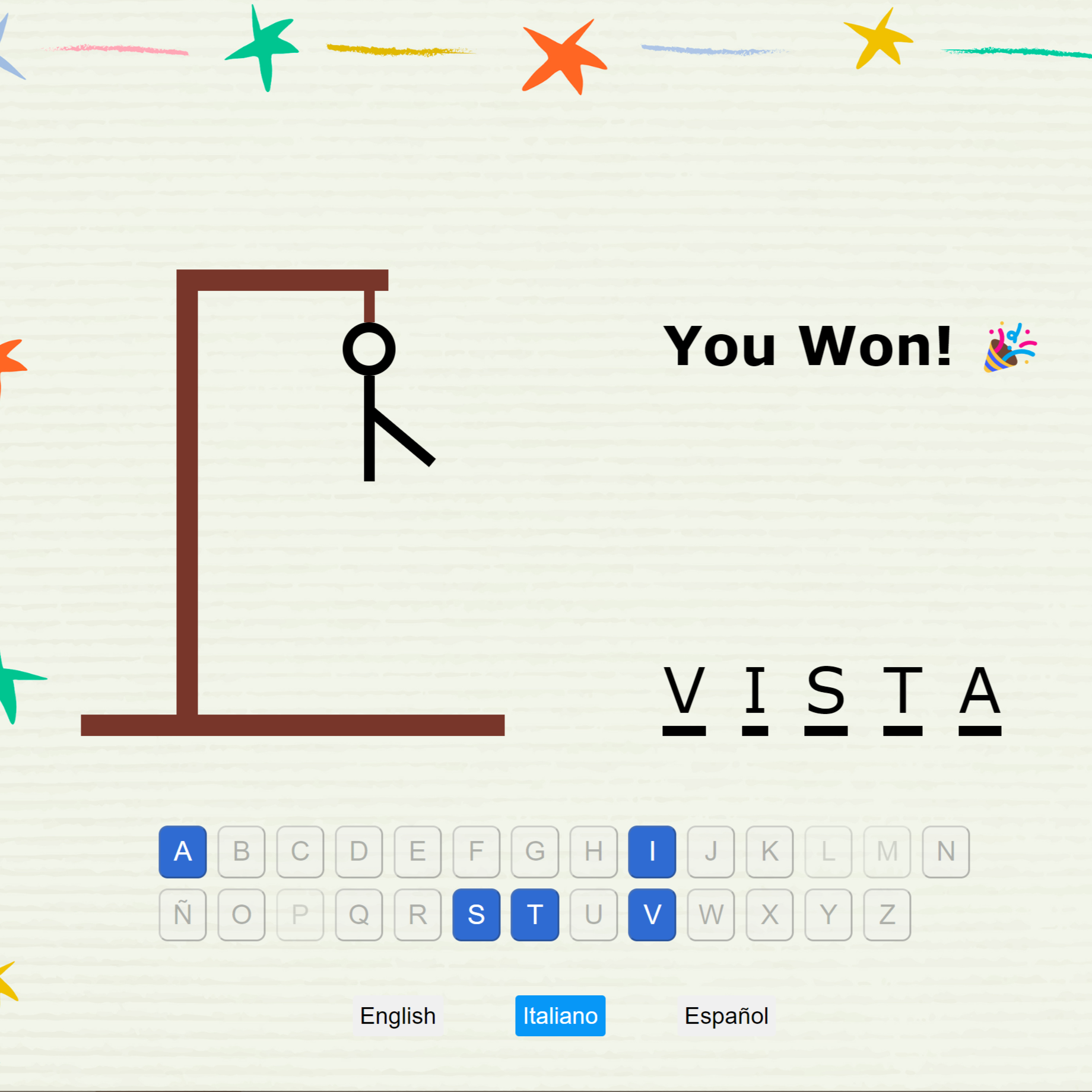 Hangman game, showing the game